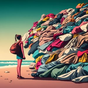 girl with mountain of discarded clothes